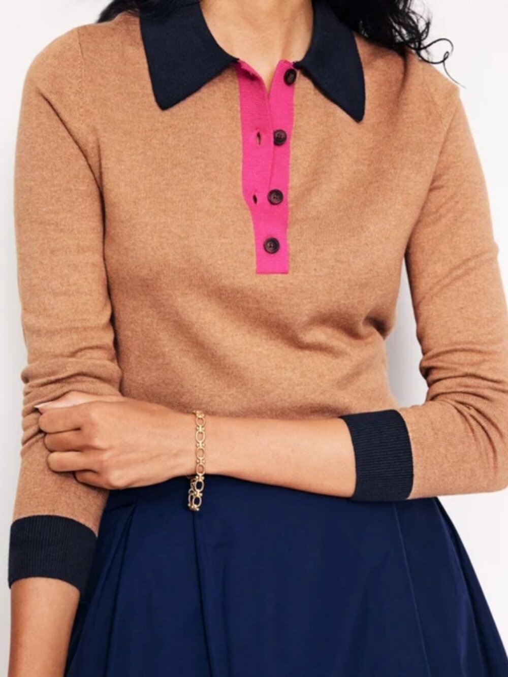 Boden Estelle Camel Navy (Item-445 Cotton Wool Blend Colorblock Henley Sweater L